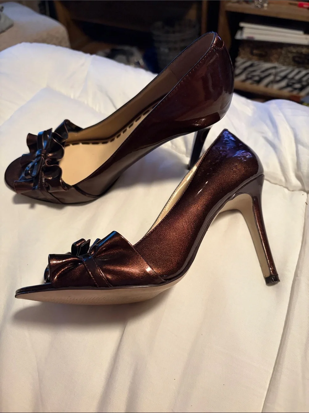 Enzo Angiolini Peep-Toe Bow Stiletto Heels in Metallic Brown - 6